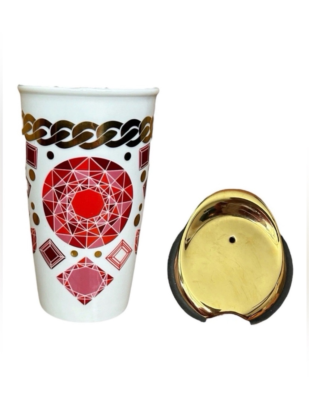 2014 STARBUCKS Ceramic Tumbler Mug w/ Lid Red Geometric Gem Gold Chain 12 oz